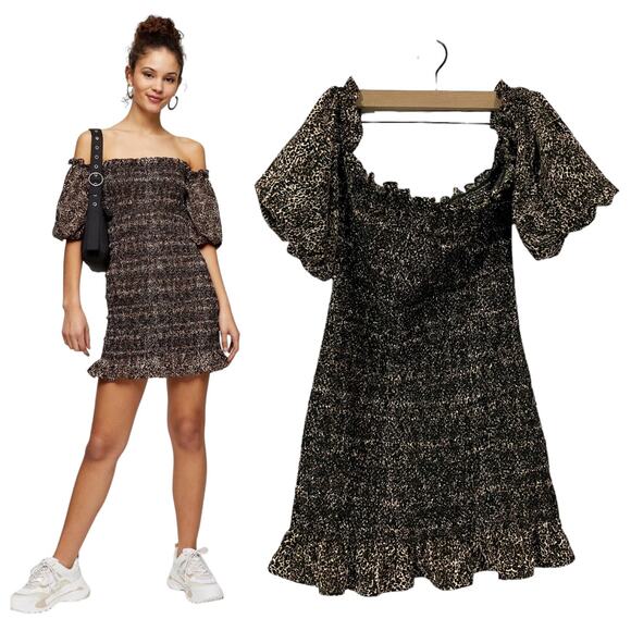 Topshop Leopard Print Off The Shoulder Minidress In True Leopard - US 8 - Picture 1 of 16